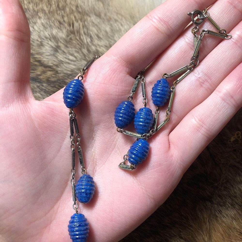 Antique Czech 1920’s art deco Lapiz blue glass enamel lariat drop short necklace